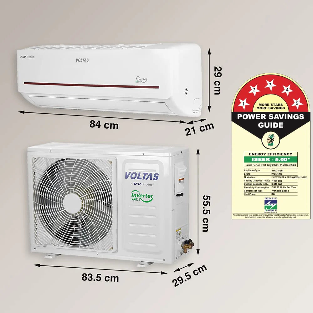 Voltas 185V Vectra Prism 1.5 Ton 5 Star, Inverter Split AC(Copper, 4-in-1 Adjustable Mode, Anti-dust Filter, White)